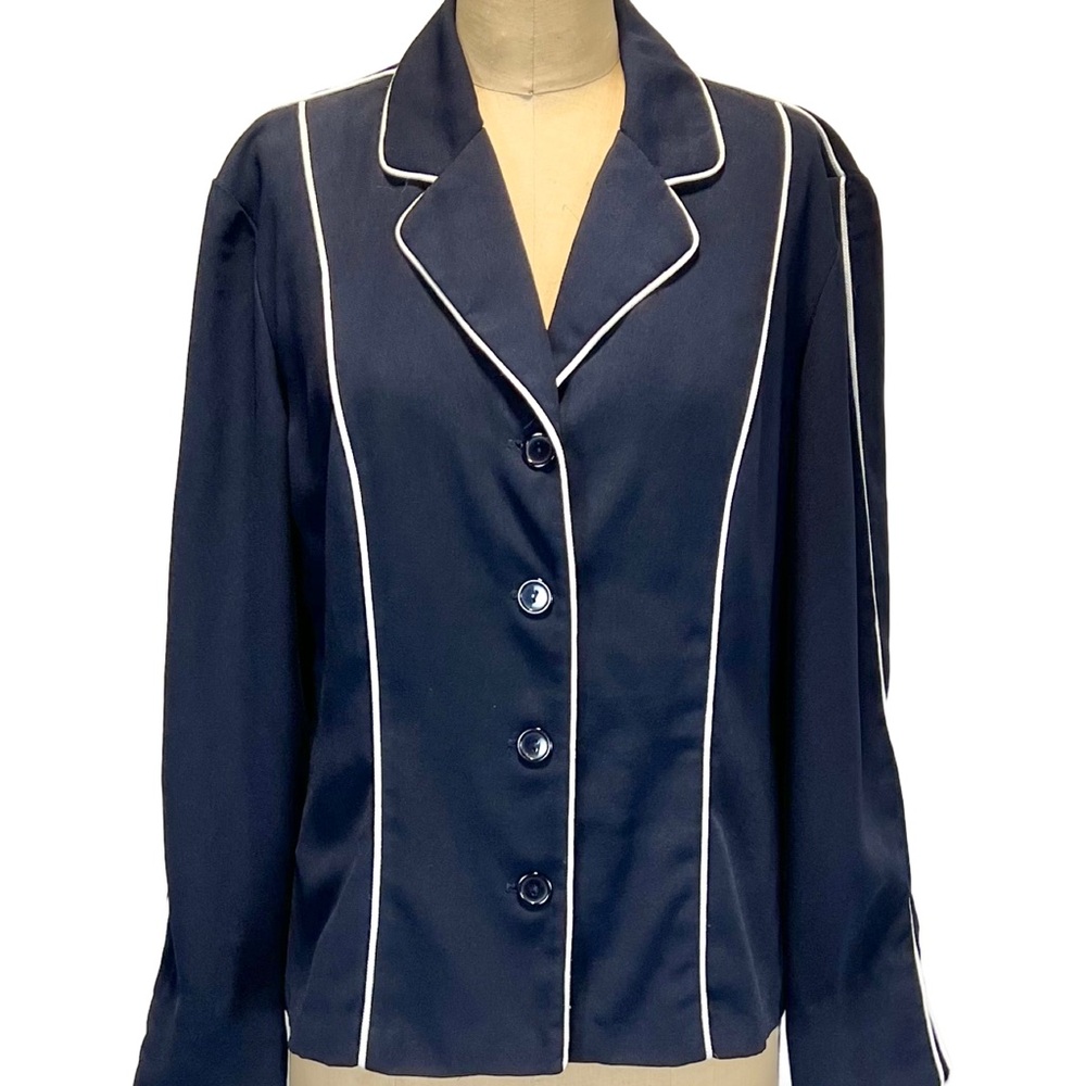 VINTAGE sporty nautical sailor stripe blazer jacket womens office navy blue 70s